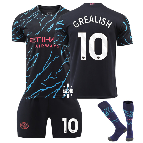 23-24 Manchester City Second Away Fotbollströja Set No.10 GREALISH Fotbollsset Uniform med strumpor för vuxna barn Apricot,39