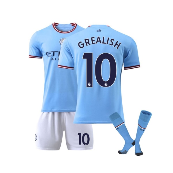 (Manchester City F.C. Home 22/23 Jersey Grealish No.10 Fotbollströja 3-delade kit för barn Vuxna 10 # Fågelblommor