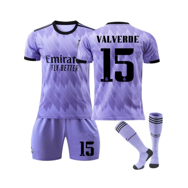 (Real Madrid 2022/23 bortatröja Valverde No.15 fotbollströja 3-delade kit för barn Vuxna S(165-170CM)