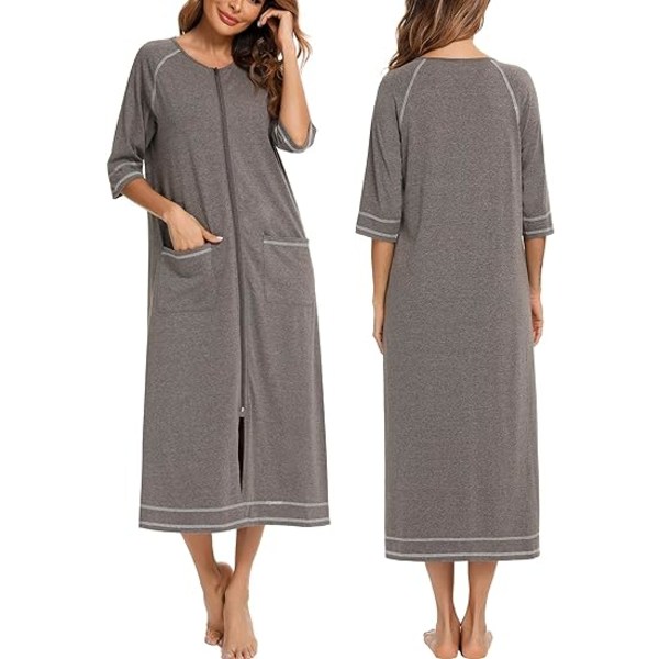 Kåpe for kvinner med glidelås foran kontorfrakk 3/4-ermet pyjamas i full lengde damekjole med lommer, grå, S-XXL