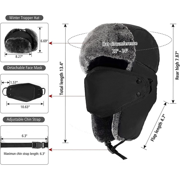 Talvihatut naisille ja miehille, talvihattu Trapper Hat Ushanka, korvaläpät, leukasolki ja tuulenpitävä naamio