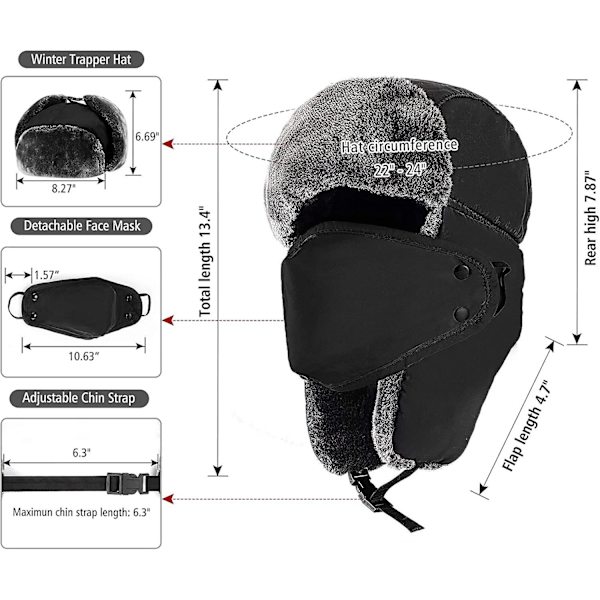 Vinterhattar för kvinnor och män, vinterhatt Trapper Hat Ushanka, öronlapp hakskydd och vindtät mask