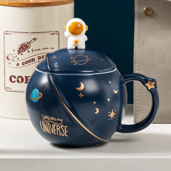 Søte Astronaut Kopper med Lokk, Nyhet Keramisk Kaffe Kopp, Morgen Ember Sopp Melk, Te Kopp Marineblå 400ml/15oz