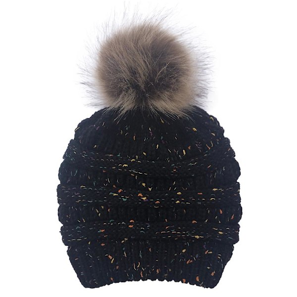 Vinterhue Strikket Hue Konfetter Varm Pompom Hue Til Kvinder Sort Black