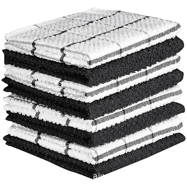 (30 x 30 cm) (Sort og hvid) 8 køkkenhåndklæder - 100% bomulds køkkenhåndklæder - maskinvaskbare