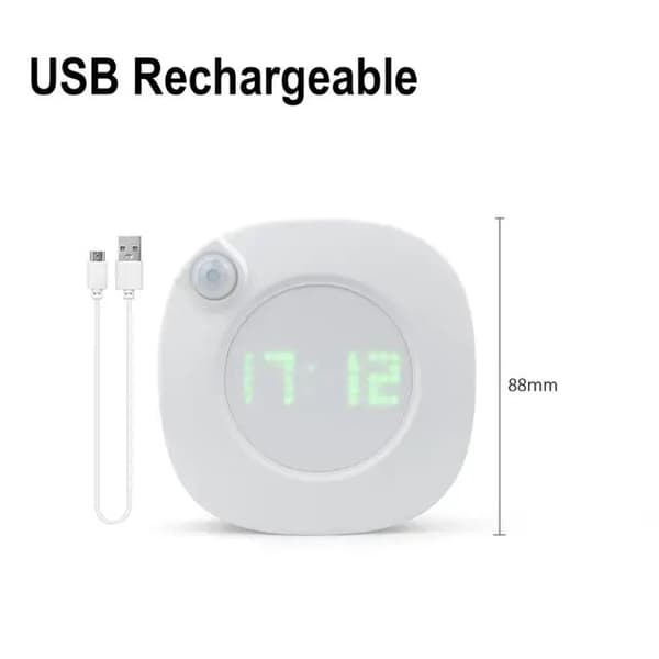 LED PIR Rörelsesensor Väggklocka Ljus 360 Grader USB Modern Design Digital Klocka Tid Inomhus Kök Badrum Studie Nattljus