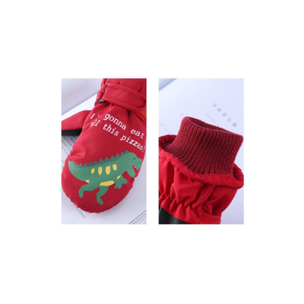 Cartoon little dinosaur children's insulation gloves winter outdoor thickened cold-proof multi-finger ski gloves 5 to 10 years old red