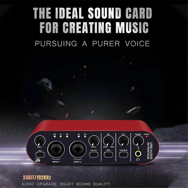 Professionellt 24Bit 192KHz Ljudinterface 2 Ingångar Ljudkort för Elgitarr Extern Studio PC Inspelningsstämmare