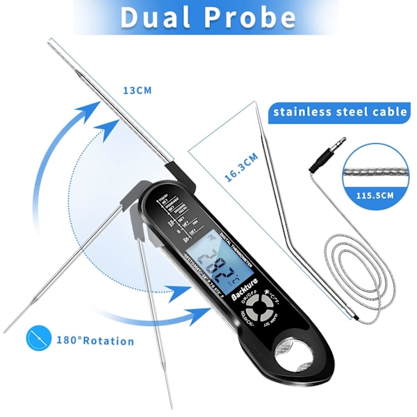 Kötttermometer, Grilltermometer, Snabbavläsande Matlagningstermometer, Kötttermometer, med 2 Långa Prober och LCD-display, för Grillning