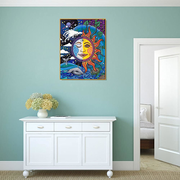 DIY 5D timanttimaalaussetti aikuisille 12x16 tuumaa aurinko ja kuu pyöreä täysi timanttikristalli timanttikirjonta ristipistotaide