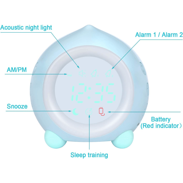 Børnevækkeur Digital LED Lysende Vækkeur Nattelys Pige Drenge Dag Nat Barn Justerbar Lydstyrke Snooze USB Opladning Vækkeur Blå