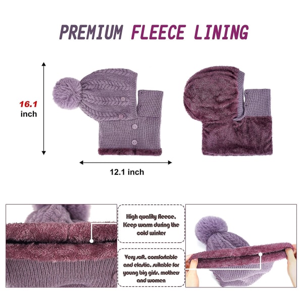 Fleece-fôret damelue strikket lue, vinter skjerf maske sett for kvinner, jenter varm lue ørevarmere lue med dusk Beige