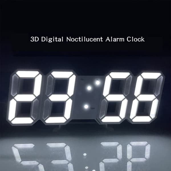 Vit 3D LED-väggklocka, modern digital väckarklocka med 24 eller 12 timmars display