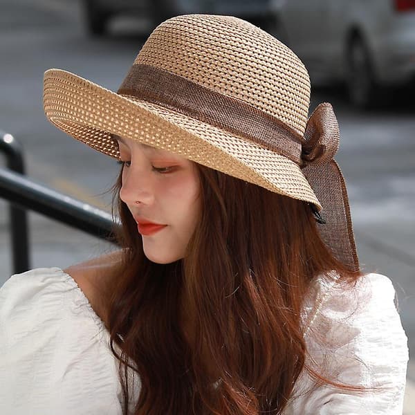Dame Strand Sol Halmhatt Reise Foldbar Brede Sommer Uv Hatt Khaki
