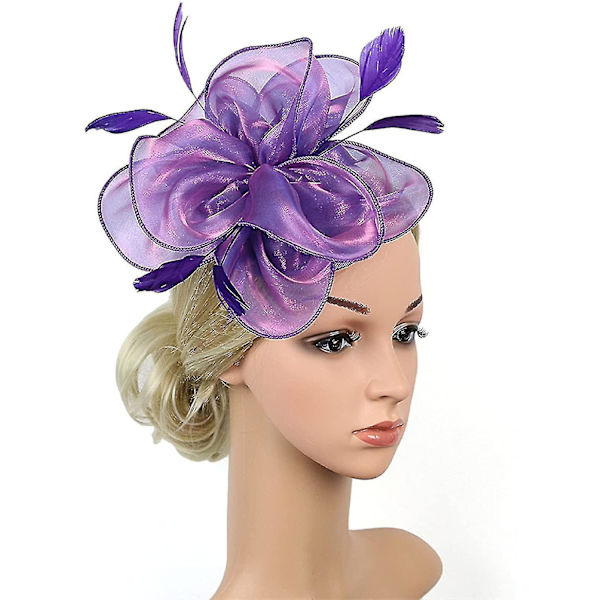 Fjäder Mesh Party Hat Blommig Glitter Tiara Klämma Och Hårband Kvinnor Purple
