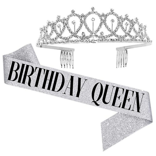 Kvinners Ladies Birthday Queen Tiara og Sash Crystal Crown Headband Skulderstroppsett Silver QUEEN