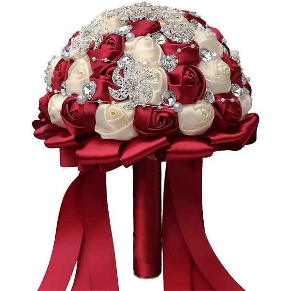 Handgjord brosch brudbukett brud satin rosor blommor strass pärlor buketter bröllopsbukett konstgjord bukett ros bukett dekoration Red