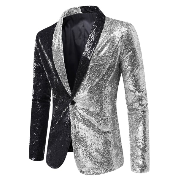 Sequin Glitter Blazer til Mænd En-Knaps Spids Krave Smokingjakke sort og black and silver S