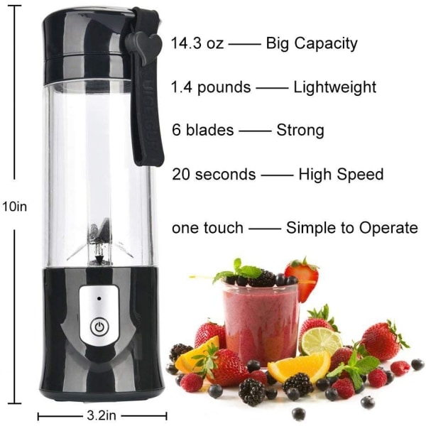 USB Sikkerheds Elektrisk Juicer Kop, Juice Blender, Genopladelig Mini Bærbar Blender/Juice Blender Knust Is Blender Sort