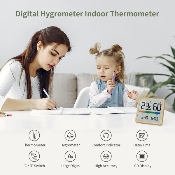 Digitalt termometer til skrivebordet med temperatur- og fugtighedsovervågning, præcist fugtighedsmåler-rumtermometer med ur