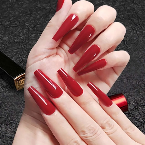 Kista (röd) lösnaglar långa lösnaglar Ballerina på naglar Hela akryl lösnaglar 24st för kvinnor och flickor