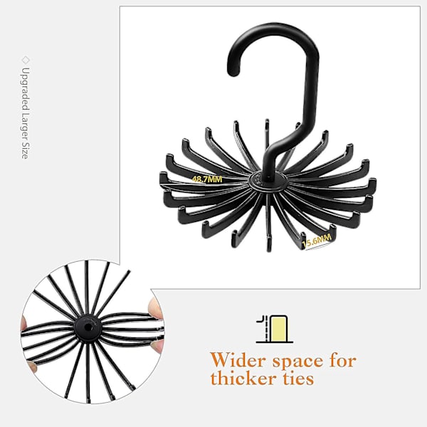 2 stk. Twirl Tie Rack, roterende belte- og skjerfhengerholderkrok for skaplagring Black