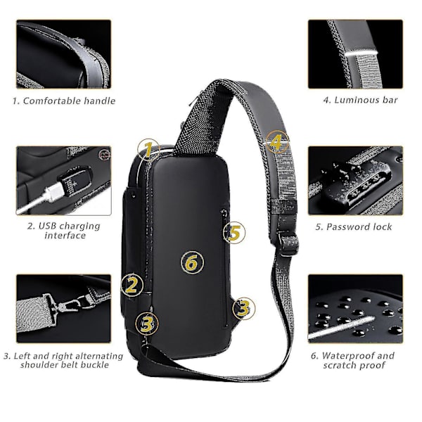 Usb-laddning Sport Sling Bag Male Anti-stöld Bröstväska Med Lösenordslås Black