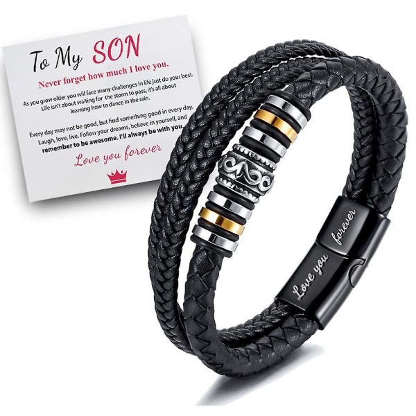 To My Son Love You Forever Bracelet, Braided Leather Bracelet For Men, Stainless Steel Personalized Engraved Bracelet