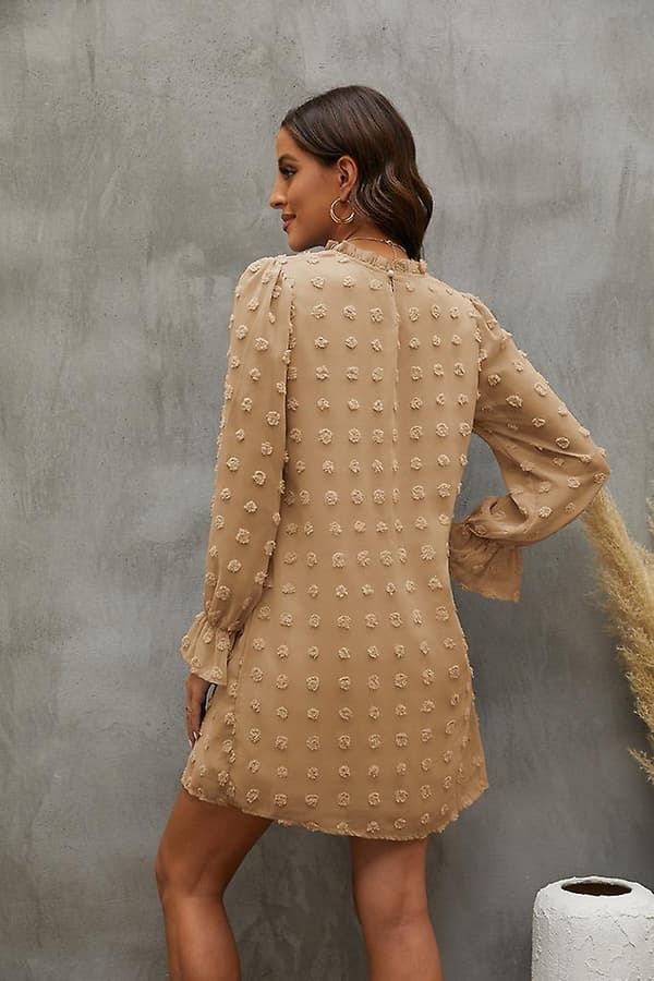Bubble Langærmet Chiffon Jacquard Bundkjole Khaki L