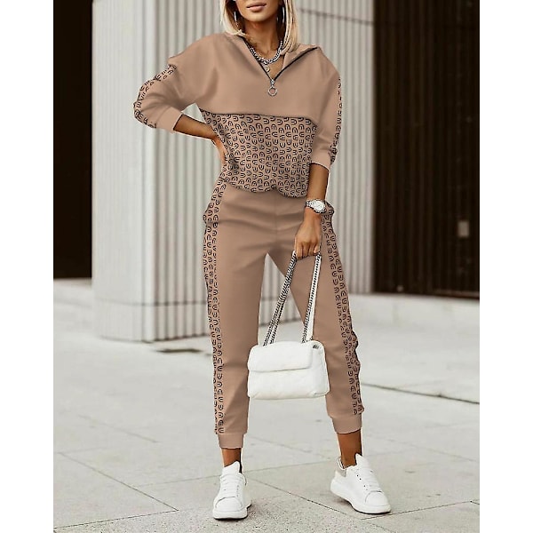 Träningsset Dam Huvtröja Två Delar Set Vår Höst Kläder Bokstavstryck Colorblock T-shirt Topp Långa Byxor Kostym Set Outfits Mujer 3 M