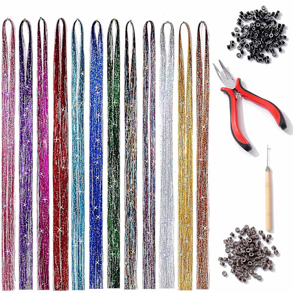 47 tuuman hiuskoristepaketti, jossa on työkalut, 12 väriä, 2400 säiettä, kiiltävät, hohtavat hiuskoristeet, värikäs hiuskoristepaketti, glitterhiukset