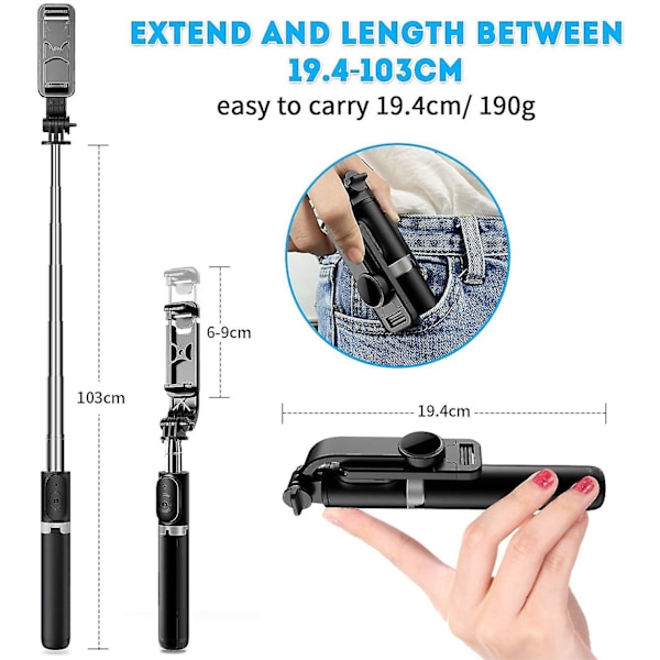 Bluetooth-selfietikku ja -jalusta, pidennettava selfietikku (103 cm) 360 asteen