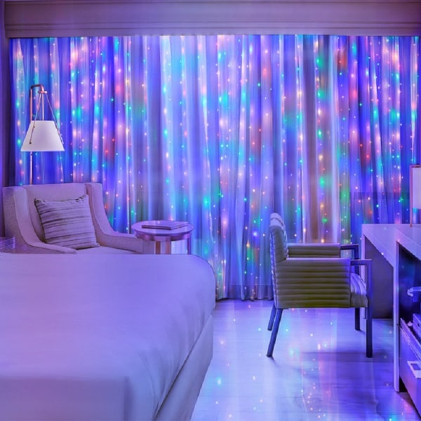Smart USB musik röststyrd gardinljus RGB gardinljus LED campingfest atmosfär dekoration ljusslinga 3*3m 300 färgljus