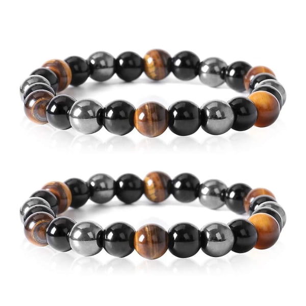 Perler Armbånd Triple Beskyttelse, 2 Pak 8 Mm Tigers Eye Armbånd Hematit Perler & Sort Obsidian Balance Armbånd