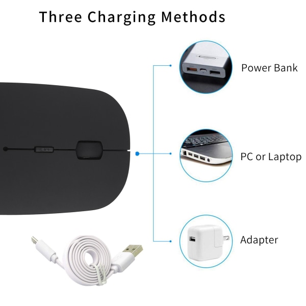 2,4 GHz uppladdningsbar trådlös Bluetooth mus, Dual Silent Click-läge, kompatibel med bärbar dator, PC, MacBook Black