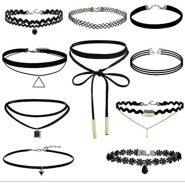 10 stk choker-kjede for kvinner og jenter, svart klassisk fløyel stretch gotisk