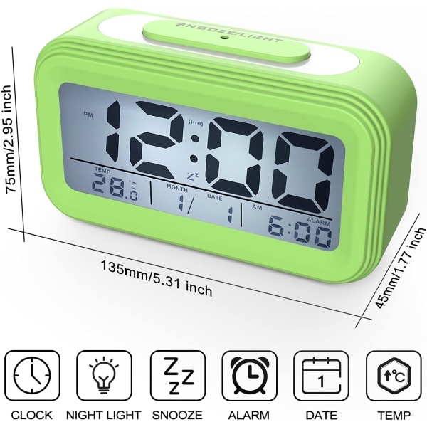 Digital väckarklocka, morgonväckarklocka, tyst batteridriven digital väckarklocka för barn och vuxna, stor LED-display, temperaturkalender, grön