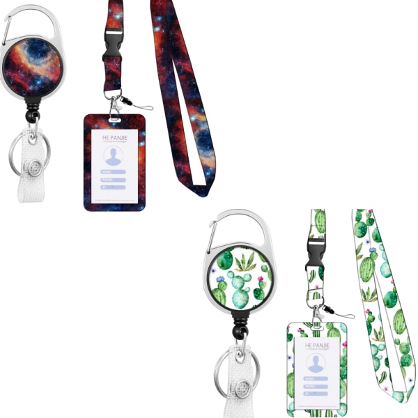 2 set studentlegitimation kort kreativa trend söta tecknade transparenta arbetskort lanyard hänge stjärnhimmel + kaktus