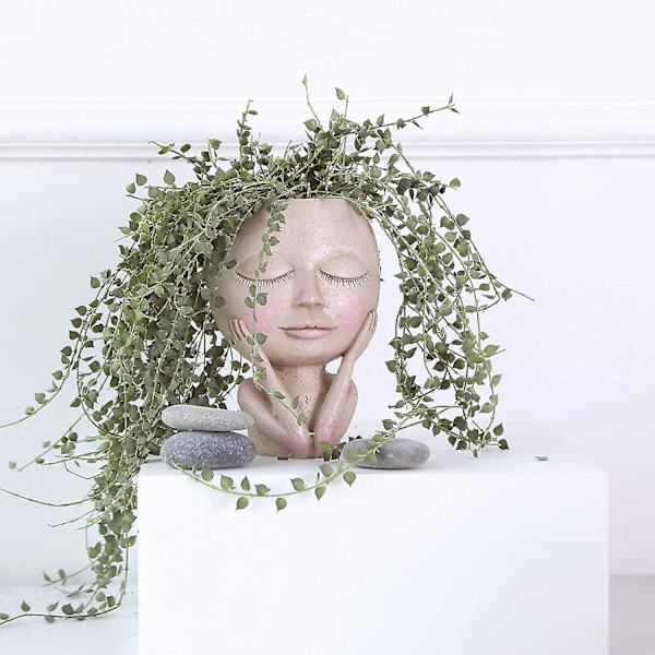 1 stk ansigt blomsterpot hoved blomsterpot blomsterpot sukkulent blomsterpot sød harpiks kaktus blomsterpot med drænhuller lukkede øjne karakter harpiks