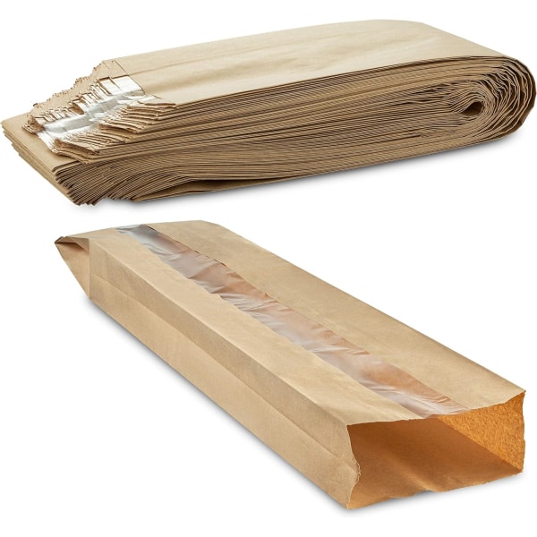 100 st genomskinligt fönster Kraft andningsbar brödpåse av papper håller bröd färskt för långa storlekar 4 ½" x 2" x 24" Av MT Products