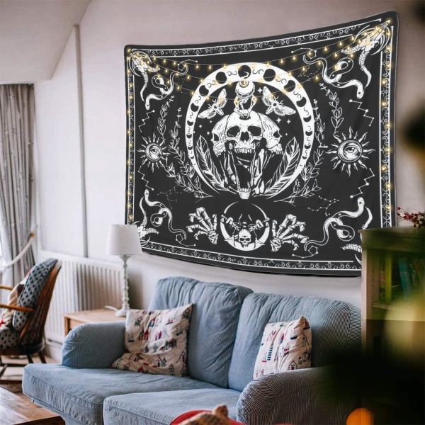 Kranium Skelet Vægophæng Sort og Hvid Slange Møl Gobelin Mandala Gobelin Måne Vægophæng Møl, L / 130x150cm