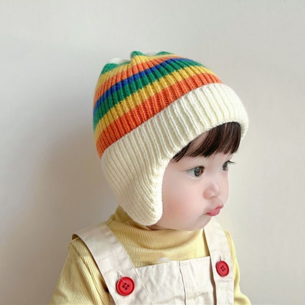 Barnehatter, høst og vinter koreansk stil strikkede hatter, fargerike ullhatter, varme ørebeskyttelseshatter for jenter og gutter, trendy genserhatter