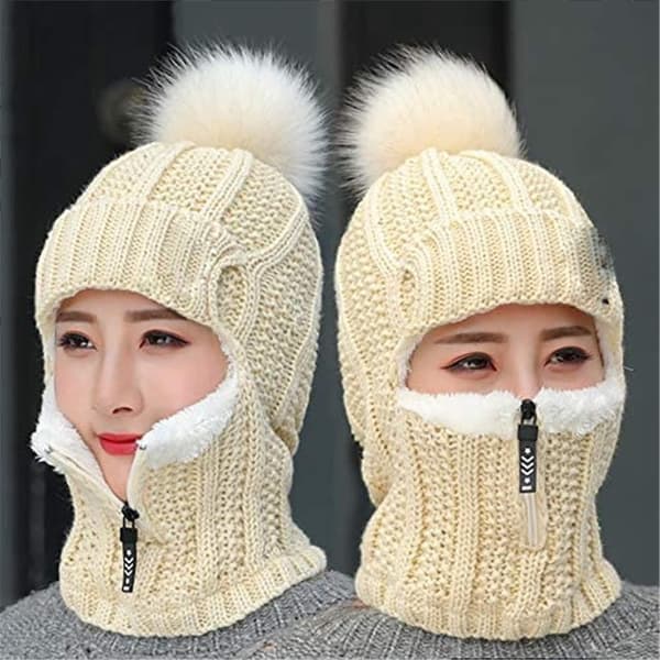 Vinter Siamese Vindtät Mössa, Stickad Ullmössa, Dam Ull Stickade Skidset, Tjock Siamese Halsduk Krage Varm Mössa, Beige Beige