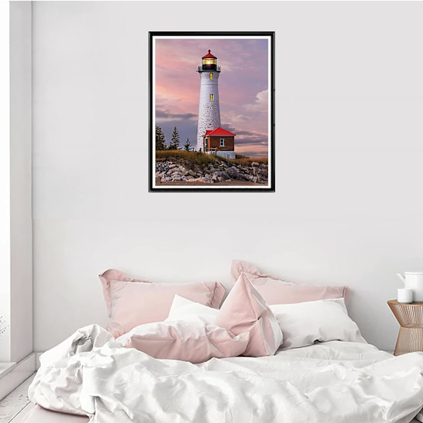 DIY 5D timanttimaalaus majakka talo, timanttimaalaustaidekirjonta ristipisto pyöreä timantti kodin seinäkoriste 12x16 tuumaa