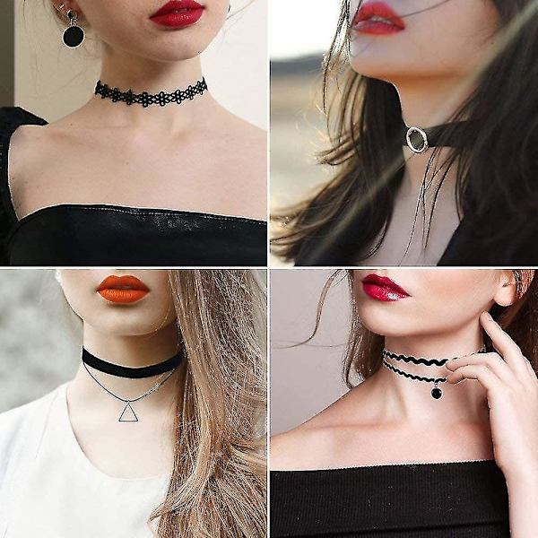 Choker Halskæde Sort 8 Stk Fløjls Chokers Sort, Sort Klassisk Gotisk Choker
