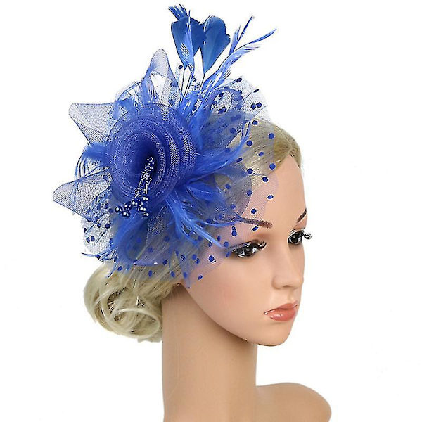 Fascinators Hat For Women Tea Party Headband Wedding Cocktail Flower Mesh Feathers Hair Clip (tummansininen)