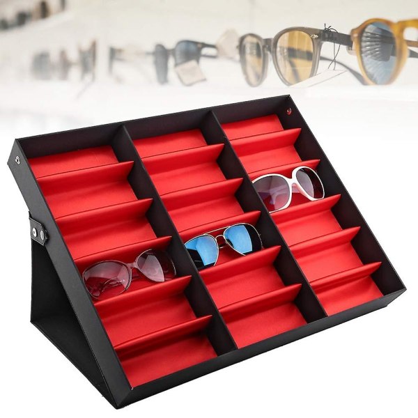 18 Grids glasögonlåda, hopfällbar case, förvaringsbox för solglasögon Black Red