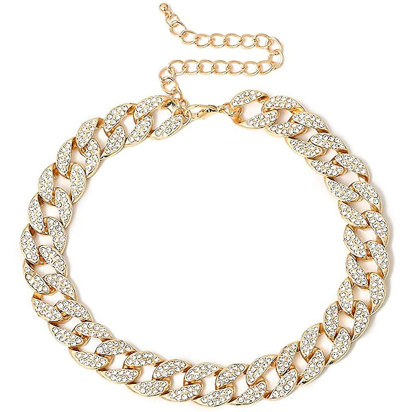 Rhinestone Curb Cuban Link Chain Choker for Kvinner Unisex Cool Hip Hop Miami Cuban Diamond-cut Chain Choker Halskjede ()