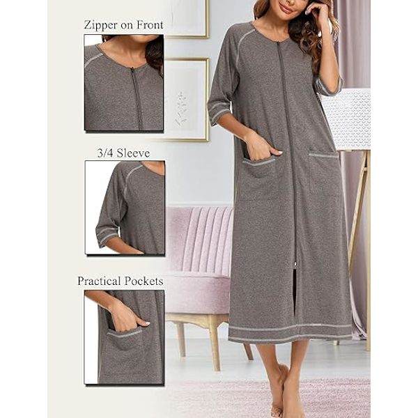 Naisten aamutakki vetoketjulla edessä toimistoon 3/4 hihainen pyjama koko pituus naisten rento mekko taskuilla, harmaa, S-XXL