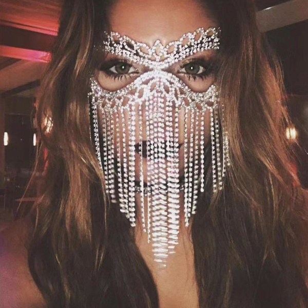 Rhinestone Cat Eye Fringe Masquerade Mardi Gras Mask With Satin Tie Back